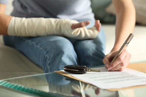 auto accident injuries Tuley law settlements, image of a person with a broken arm in the lawyers office after a crash